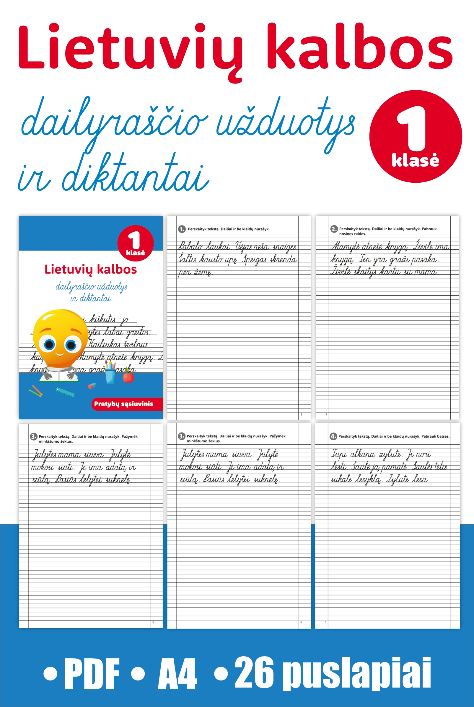 Lietuvių kalbos dailyraščio užduotys ir diktantai, I klasei