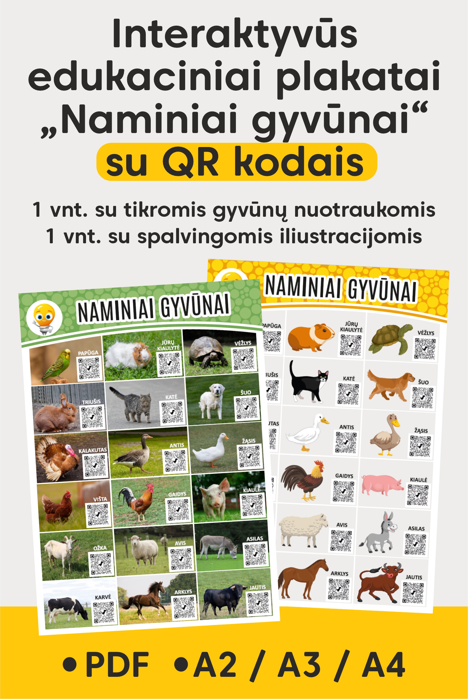 plakatai su qr kodais apie naminius gyvūnus