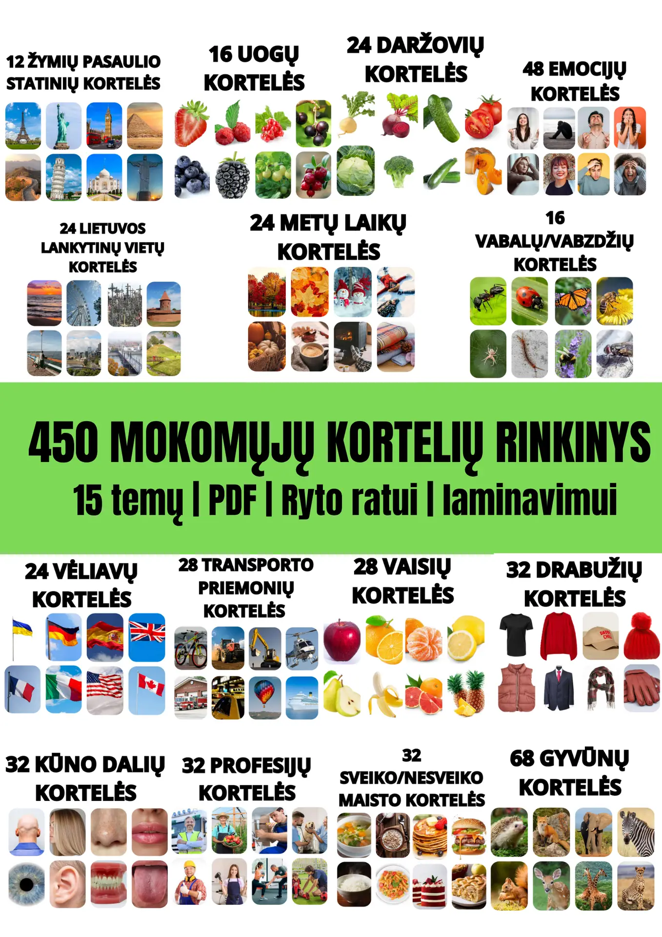 450 Mokomųjų kortelių rinkinys