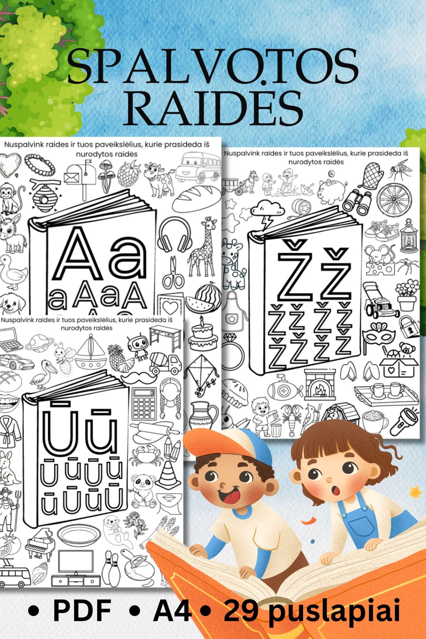 Raidžių spalvinimo užduotys „Spalvotos raidės“, PDF