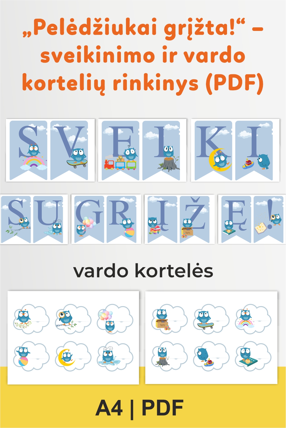 „Pelėdžiukai grįžta!“ – sveikinimo ir vardo kortelių rinkinys (PDF)