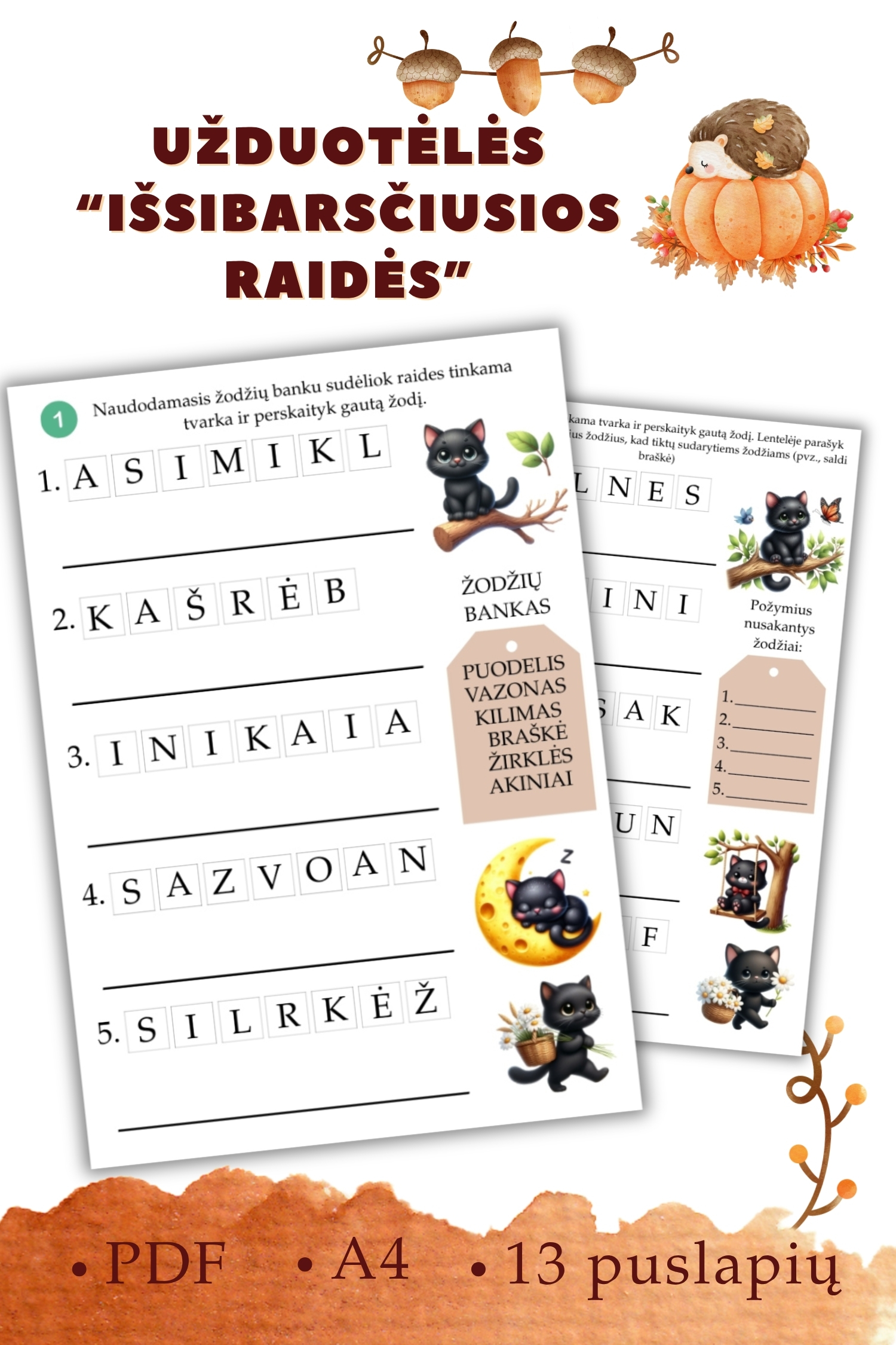 Katino užduotėlės. Išsibarsčiusios raidės (PDF)